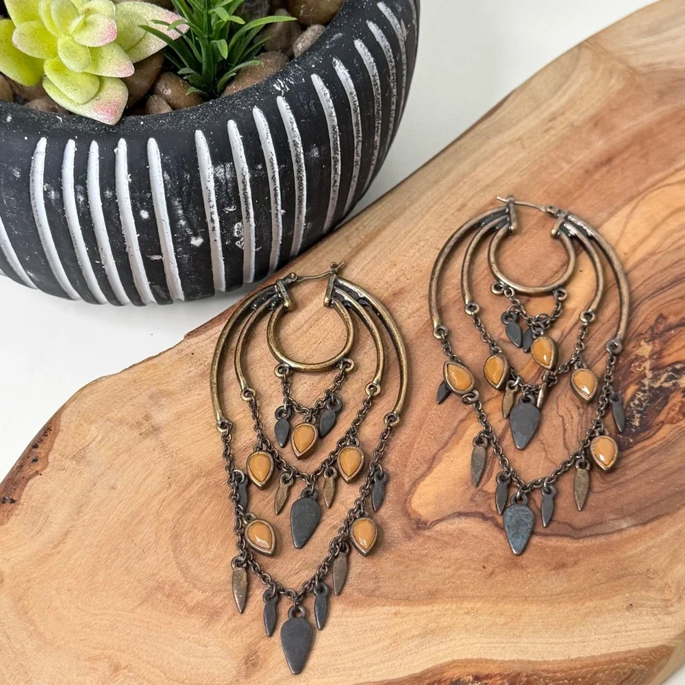 Chandelier Hoop Earrings Womens Bronze Amber Tiered Boho Statement OS